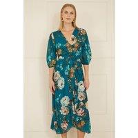 Yumi Women's Teal Watercolour Dip Hem Midi Wrap Dress | Size: 8