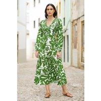 Yumi Women's Green Abstract Print Ruched Midi Dress With Long Sleeves | Size: 16