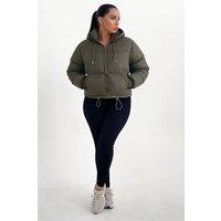 Femme Luxe Women's Hooded Drawstring Cropped Puffer Jacket in Khaki | Size: 8