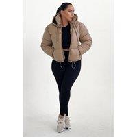 Femme Luxe Women's Hooded Drawstring Cropped Puffer Jacket in Stone | Size: 14