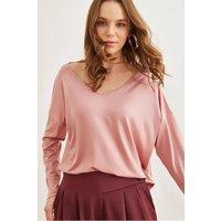 HOXTON GAL Women's Regular Fit Casual V-Neck Blouse with Stitch Detail in Pink | Size: XL