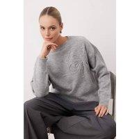 WOVCOR Women's Soft Textured Floral Cable Knit Jumper in Light Grey | Size: Medium