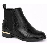 Spot On Women's Croc-Effect Chelsea Ankle Boot with Elastic Panels & Low Heel in Black | Size: 7