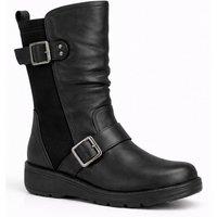 Spot On Women's Extra Wide Fit Mid Calf Buckle Strap Flat Boots with Stretch Panel in Black | Size: 7