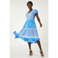 Roman Women's Floral Contrast Stitch Midi Dress in Light Blue | Size: 12