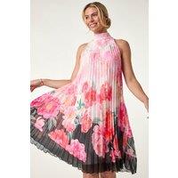 Roman Women's Petite Floral Halter Pleat Dress in Coral | Size: 14