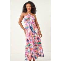 Roman Women's Petite Abstract Gathered Halter Maxi Dress in Pink | Size: 18