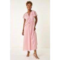 Roman Women's Metallic Dobby Frill Midi Dress in Light Pink | Size: 16