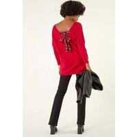 Roman Women's Animal Print Eyelet Back Knit Jumper in Red | Size: Large