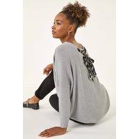 Roman Women's Animal Print Eyelet Back Knit Jumper in Light Grey | Size: Medium