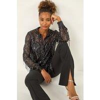 Roman Women's Sequin Tassel Stretch Shirt in Dark Grey | Size: 10