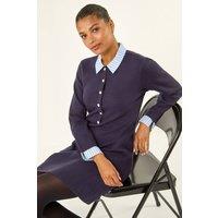 Roman Women's Stripe Collar Buttoned Knit Dress in Navy | Size: 14