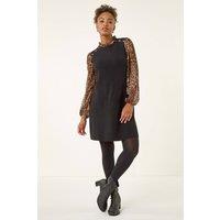 Roman Women's Animal Print Frill Knitted Dress in Tan | Size: 16