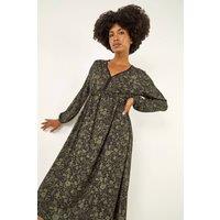 Roman Women's Floral Print V-Neck Stretch Midi Dress in Khaki | Size: 12