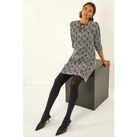 Roman Women's Tile Print Tie Keyhole Stretch Dress in Black | Size: 16