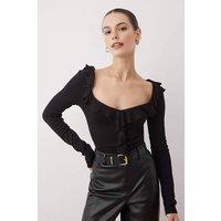 WOVCOR Women's Ruffle Detail Sweetheart Neck Fitted Knit Blouse in Black | Size: XS