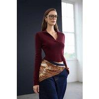 WOVCOR Women's Textured Polo Collar Long Sleeve Knit Jumper in Burgundy | Size: Small