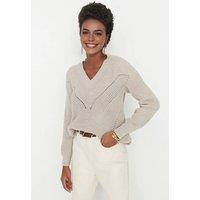 WOVCOR Women's Openwork V Neck Long Sleeve Knit Jumper in Beige | Size: XS
