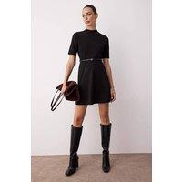 WOVCOR Women's High Neck Skater Mini Knit Dress with Short Sleeves in Black | Size: Medium