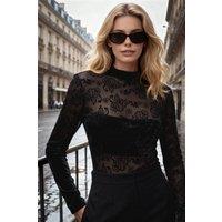 WOVCOR Women's Floral Mesh Stand Collar Long Sleeve Lined Bodysuit in Black | Size: 6