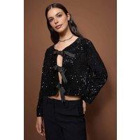 WOVCOR Women's Front Tie Sequin Detail Party Jacket in Black | Size: 8