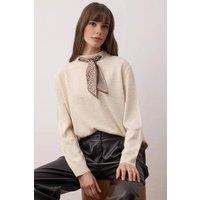 WOVCOR Women's Scarf Collar Detail Soft Knit Jumper in Beige | Size: Large