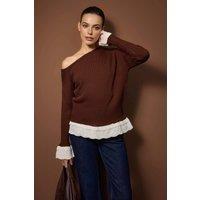 WOVCOR Women's Lace Trim Boat Neck Knit Jumper in Brown | Size: Small