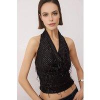 WOVCOR Women's Fringed Sequin V Neck Party Blouse in Black | Size: 10