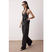 WOVCOR Women's Lace Trim Satin V Neck Party Blouse in Black | Size: 8