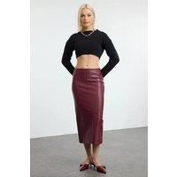 WOVCOR Women's High Waist Faux Leather Pencil Midi Skirt with Slit in Burgundy | Size: XS