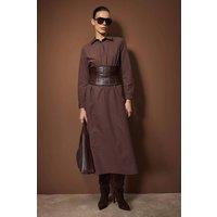 WOVCOR Women's Woven Midi Dress with Corset Belt Detail in Brown | Size: 14