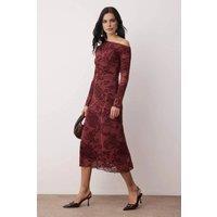 WOVCOR Women's Flocked Tulle Bodycon Midi Dress with Dropped Shoulder Detail in Burgundy | Size: Small