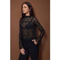 WOVCOR Women's Stretch Lace Knit Blouse with Elegant Accessory Detail in Black | Size: Small
