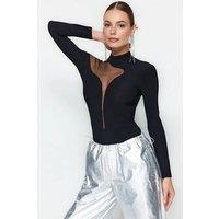 WOVCOR Women's Sheer Panel Detail Stretch Knit Tulle Bodysuit in Black | Size: 6
