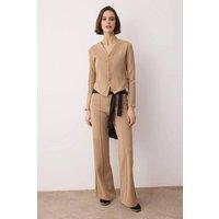 WOVCOR Women's Fitted Button Front Knit Top & Wide Leg Trouser Co-Ord Set in Taupe | Size: Small