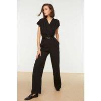 WOVCOR Women's Wrap Neck Belted Wide Leg Woven Jumpsuit in Black | Size: 12