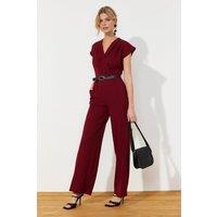 WOVCOR Women's Wrap Neck Belted Wide Leg Woven Jumpsuit in Burgundy | Size: 12