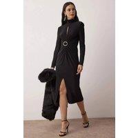 WOVCOR Women's Knitted Midi Evening Dress with Cut Out Detail & Accessory Accent in Black | Size: 6