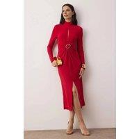 WOVCOR Women's Knitted Midi Evening Dress with Cut Out Detail & Accessory Accent in Red | Size: 10