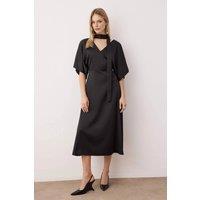 WOVCOR Women's V Neck Midi Woven Dress with Scarf Detail in Black | Size: 6
