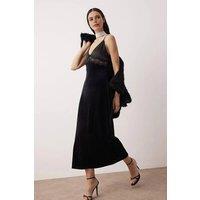 WOVCOR Women's Velvet Satin Maxi Dress with Lace Trim in Black | Size: 6