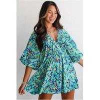 Everyday The Label Women's Green Abstract Print Puff Sleeve V Neck High Waist Romper | Size: Small