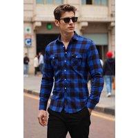 MODISHION Men's Flannel Plaid Shirt with Turn-Down Collar in Navy | Size: XL