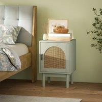 HOMCOM Boho Bedside Table with Rattan Door & Adjustable Shelf in Light Green
