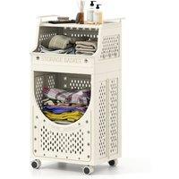 Gymax 3-Tier Laundry Cart Folding Laundry Hamper Rolling Utility Cart in Beige