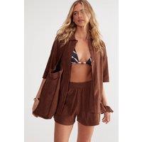 NastyGal Women's Towelling Shirt & Shorts 4 Piece Cover Up Set in Chocolate
