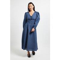 Dorothy Perkins Women's Petite Shirred Waist Tie Detail Gingham Midaxi Dress in Blue | Size: 14