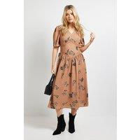 Dorothy Perkins Women's Stone Floral Lace Detail Dropped Waist V Neck Printed Midi Dress | Size: 14
