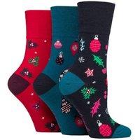 SOCKSHOP Gentle Grip Women's 3 Pair Cotton Christmas Socks in Red | Size: 4-8