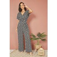 Yumi Women's Black Geometric Print Wrap Jumpsuit | Size: 12